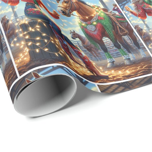 Rodeo Cowgirl and Horse With Christmas Lights Cadeaupapier (Rol Hoek)
