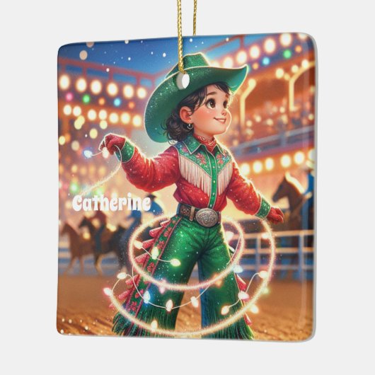Rodeo Cowgirl Kind Twirling Kerstverlichting Keramisch Ornament (Links)