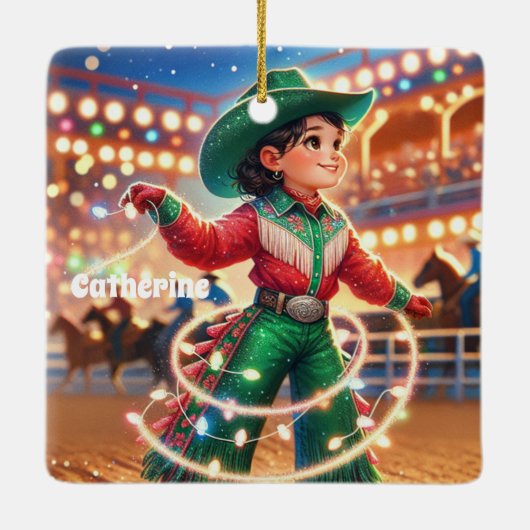 Rodeo Cowgirl Kind Twirling Kerstverlichting Keramisch Ornament (Achterkant)