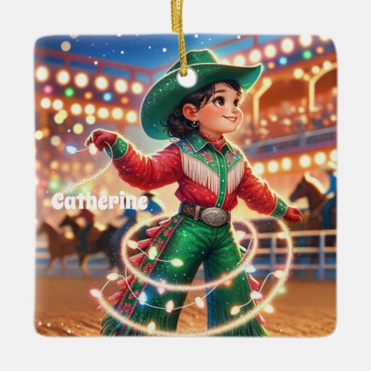 Rodeo Cowgirl Kind Twirling Kerstverlichting Keramisch Ornament (Voorkant)