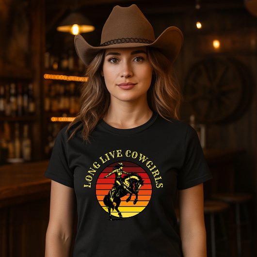 Rodeo Cowgirl On Horse & Retro Sunset Template T-shirt