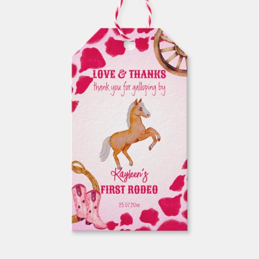 Rodeo cowgirl roze koe pony cadeaulabel (Voorkant)