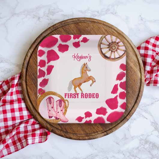 Rodeo cowgirl roze koe pony papieren bordje