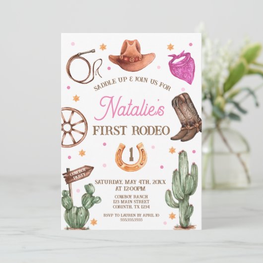 Rodeo Cowgirl western Birthday Party Invitation Kaart (Staand voorkant)