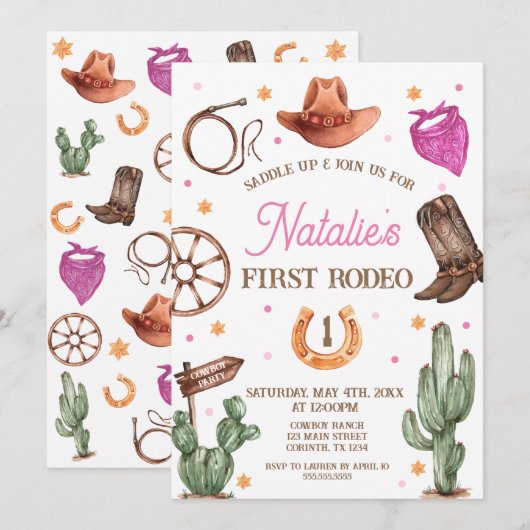 Rodeo Cowgirl western Birthday Party Invitation Kaart (Voorkant / Achterkant)