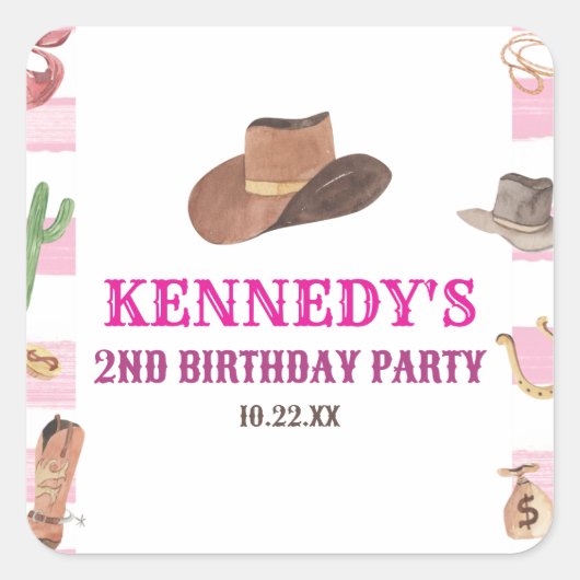Rodeo Cowgirl Western Wild West Verjaardagsfeest Vierkante Sticker (Voorkant)