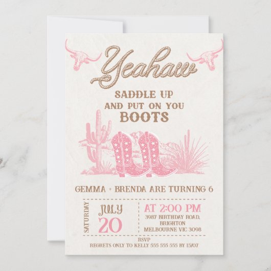 Rodeo Pink Brown Cowgirl Twin Girls Birthday  Kaart (Voorkant)