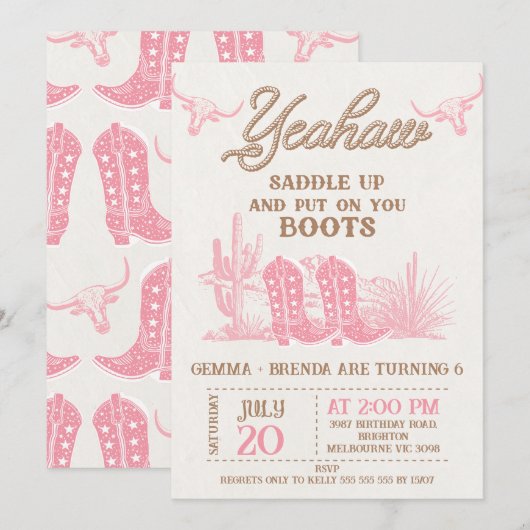 Rodeo Pink Brown Cowgirl Twin Girls Birthday  Kaart (Voorkant / Achterkant)