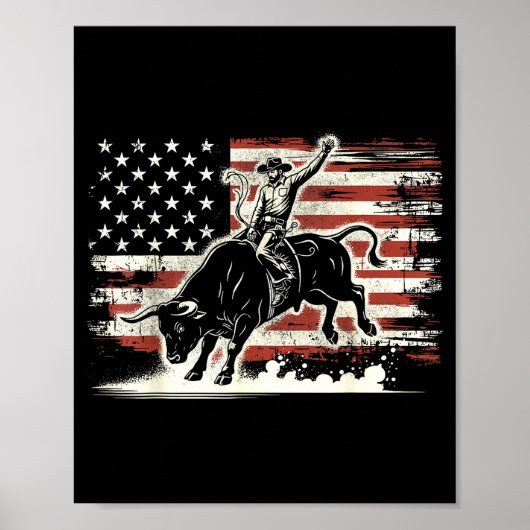 Rodeo Rider Bull Patriotic Cowboy Usa Flag  Poster (Voorkant)