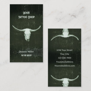Rodeo Rustic Dark Green Tattoo Shop Bull Skull Visitekaartje