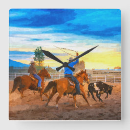 Rodeo Team Touwtrekken Sunset Corral Rustieke West Vierkante Klok