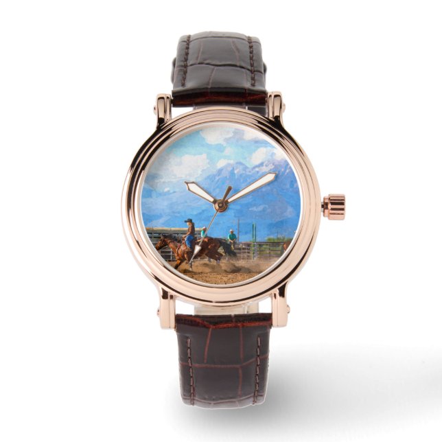 Rodeo Vrouwen Barrel Racing Rustiek Westerse Vrouw Horloge (Voorkant)