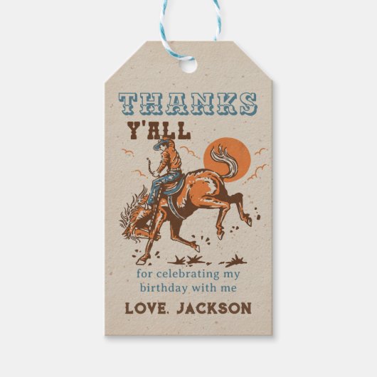 Rodeo Western Cowboy Verjaardag Dank u Cadeaulabel (Voorkant)