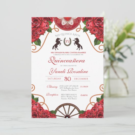 Rodeo Westerse Charro Quinceanera met Rode Roos Kaart (Staand voorkant)