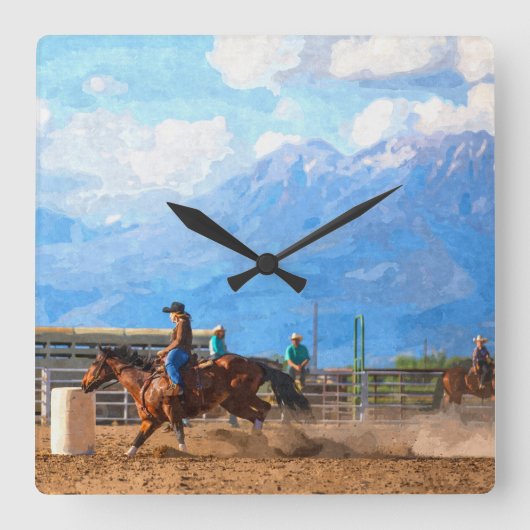 Rodeo Women's Barrel Racing Rustic Western Vierkante Klok (Voorkant)