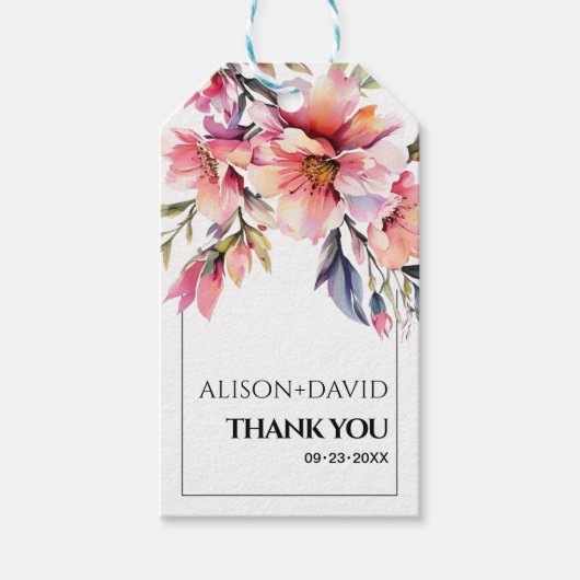 Rododendron tak en roze perzik bloemen bruiloft cadeaulabel (Voorkant)