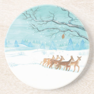 Roe Deer in the Winter Woodland Gedekt met sneeuw Zandsteen Onderzetter