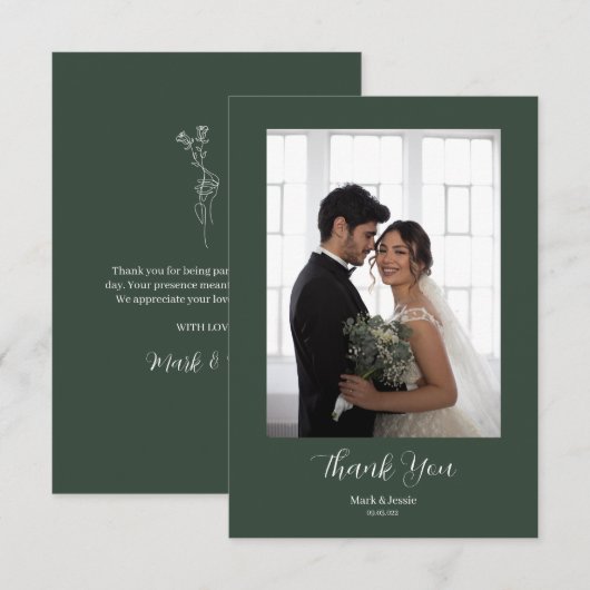 ROE Dusky Groen & Wit Eenvoudige Fotobruiloft Bedankkaart (Voorkant / Achterkant)