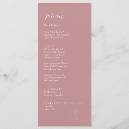 ROE Roze & Witte Eenvoudige Bruiloft Diner Menu (Voorkant)