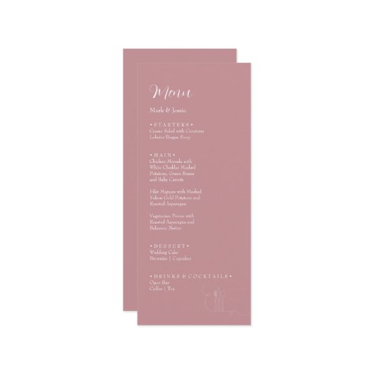 ROE Roze & Witte Eenvoudige Bruiloft Diner Menu (Voorkant / Achterkant in situ)