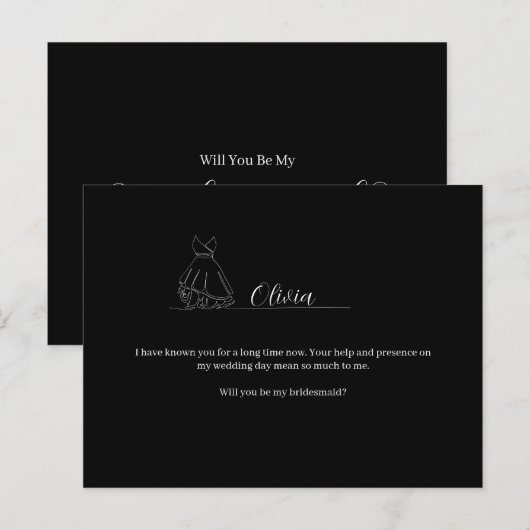 ROE Zwart & Wit Eenvoudig Bruidsmeisje Briefkaart (Voorkant / Achterkant)