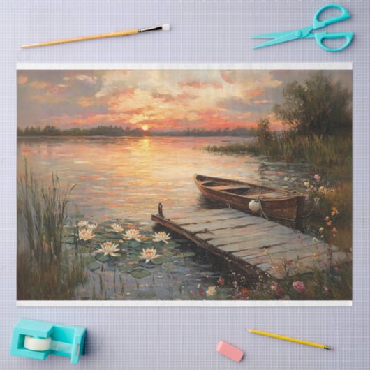  roeiboot bij Sunset Lake Decoupage Tissuepapier (Craft)