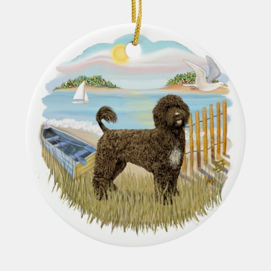 Roeiboot - Portugese Waterhond (bruin) Keramisch Ornament (Voorkant)