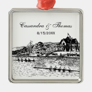 Roeiers op rivier met botenhuis Zwart Metalen Ornament