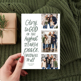 Roem aan God drie foto religieus Kerst groen Feestdagenkaart