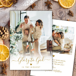 Roem aan God Gouden Schrift Elegant 2 Foto Kerstmi Feestdagenkaart