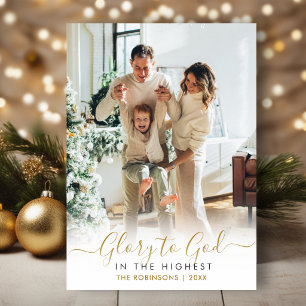 Roem aan God Gouden Schrift Elegant 2 Foto Kerstmi Feestdagenkaart