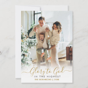 Roem aan God Gouden Schrift Elegant 2 Foto Kerstmi Feestdagenkaart