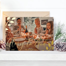 Roem aan God Zwarte Botanische Kerst Foto Folie Feestdagenkaart