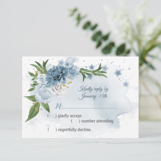 roemeense blauwe bloemen groene botanische bloemen RSVP kaartje (Staand voorkant)