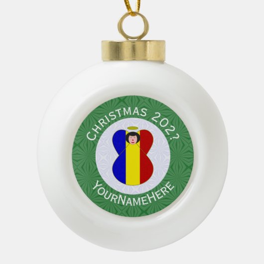 Roemeense engel kerstvlag gepersonaliseerd keramische bal ornament (Voorkant)