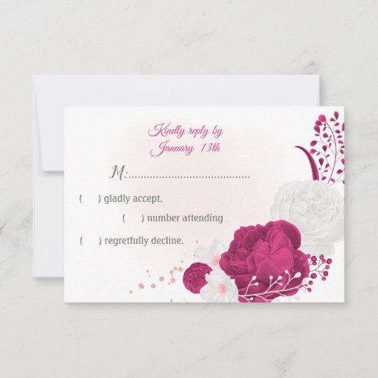 roemeense fuchsia en witte bloemen botanisch RSVP kaartje (Voorkant)