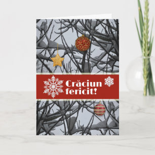 Roemeense kerstversieringen op besneeuwde takken feestdagen kaart