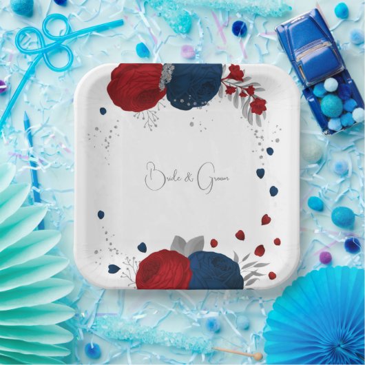 roemeense rode en marinesbloemen zilver botanisch papieren bordje (Feest)