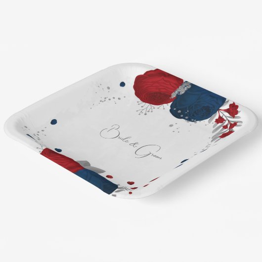 roemeense rode en marinesbloemen zilver botanisch papieren bordje (Gebogen)