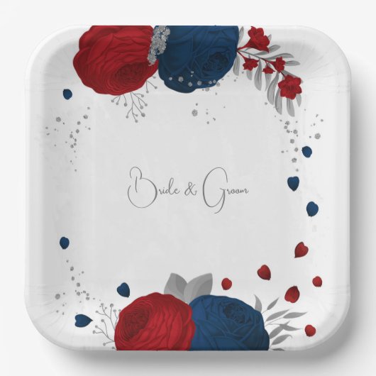 roemeense rode en marinesbloemen zilver botanisch papieren bordje (Voorkant)