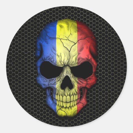 Roemeense vlag schedel op stalen gaas grafisch ronde sticker (Voorkant)