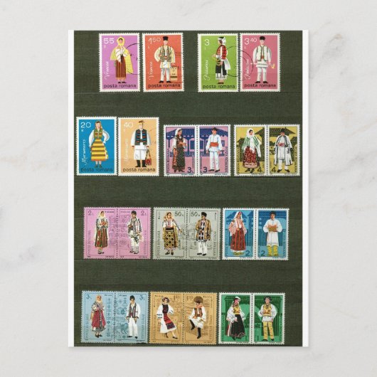 Roemeense volkskostuums op postzegels briefkaart (Voorkant)