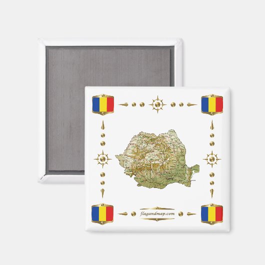 Roemenië Map + Flags Magnet (Voorkant / Achterkant)
