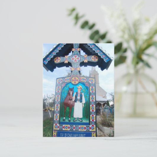 Roemenië, Marumures, Vrolijk kerkhof, houtsnijwerk Feestdagenkaart (Staand voorkant)