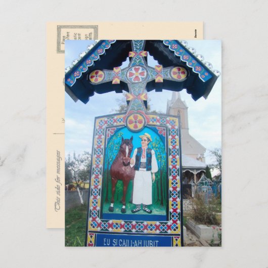 Roemenië, Marumures, Vrolijk kerkhof, houtsnijwerk Feestdagenkaart (Voorkant / Achterkant)