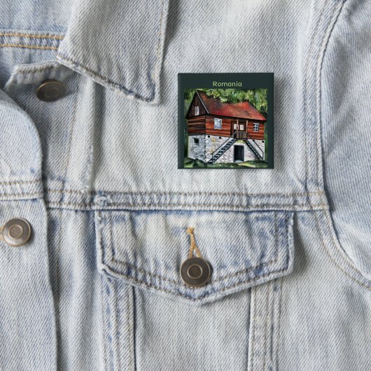 Roemenië - Traditioneel Transsylvanisch Huis Vierkante Button 5,1 Cm (In situ)