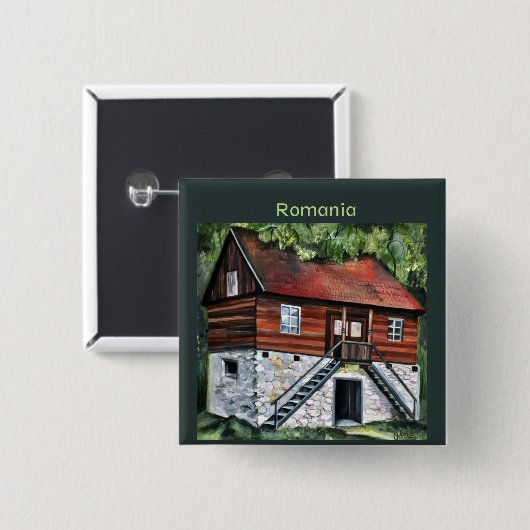 Roemenië - Traditioneel Transsylvanisch Huis Vierkante Button 5,1 Cm (Voorkant /achterkant)
