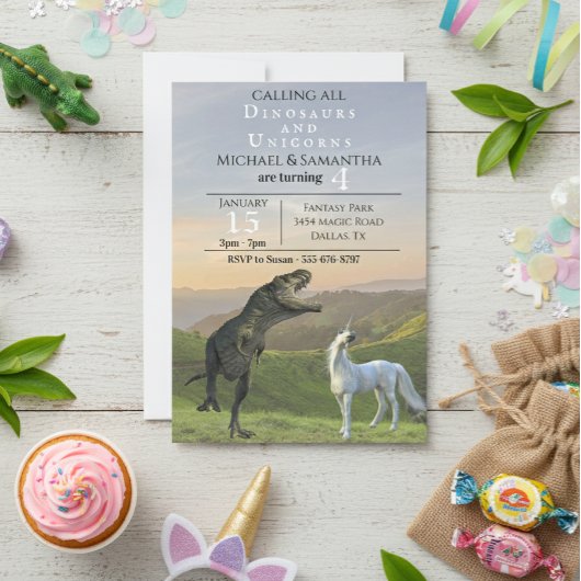Roep alle Dinosaur Unicorns Twin Party Birthday Kaart
