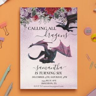 Roep alle dragons Girl's Birthday Paarse flower Kaart