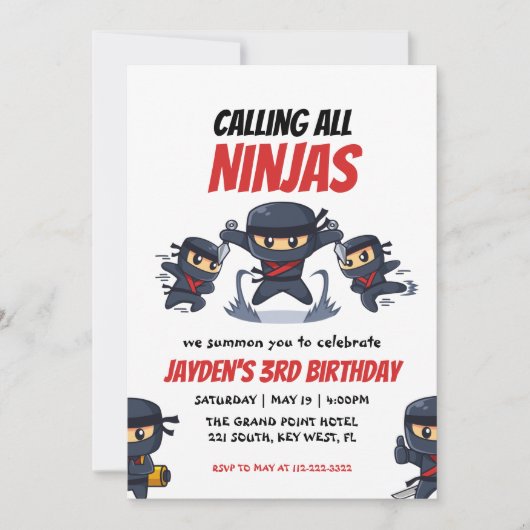 Roep alle uitnodiging van Ninjas-Kind Ninja Birthd (Voorkant)